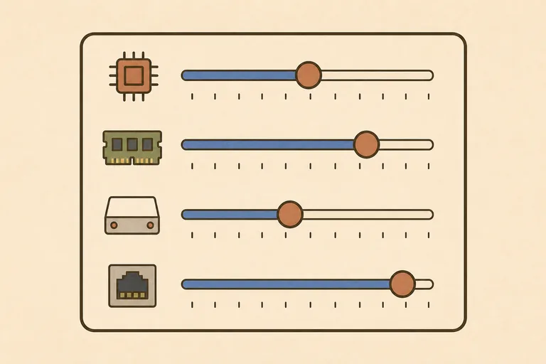 Configuration panel with CPU, memory, disk and network sliders at varied positions.